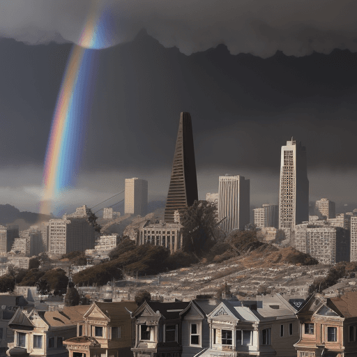 AI generated: San Francisco in ruins, smoke spires, crumbled buildings, broken bridges, fires, rainbows in sky