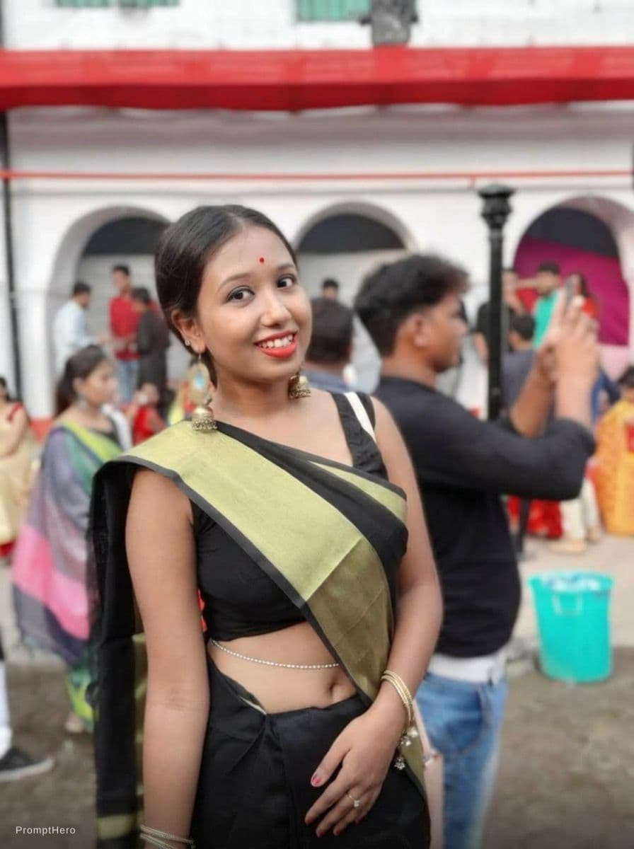 AI generated: Showing navel by lifting up top saree