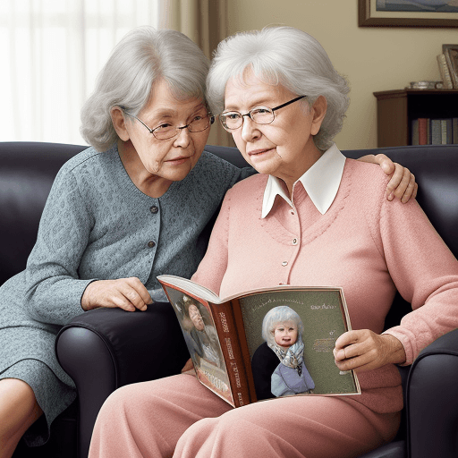 AI generated: Grandma with her granddaughter is sitting on the couch, grandma has to show us her autobiographical ...