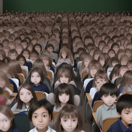 AI generated: Create a rough image of a large number of faceless grade schoolers in a classroom with data swirling...