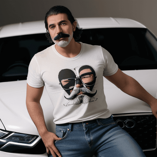 AI generated: Homem bonito com bigode fino e cabelo na régua e com um pouco de barba no queixo de camiseta preta e...