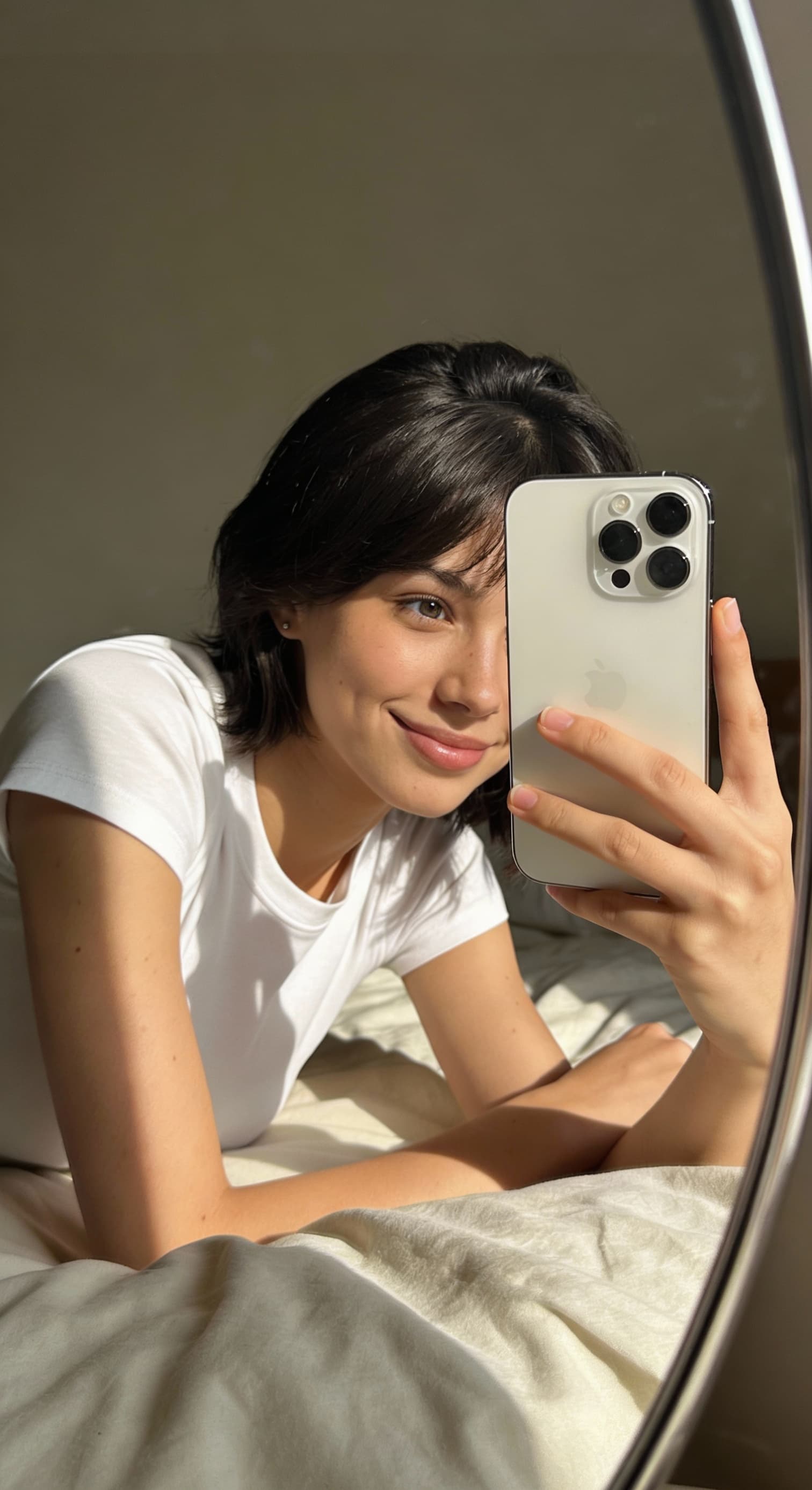 AI generated: create a girl in bed with natural light and she take selfie in mirror and skinny body shape with whi...