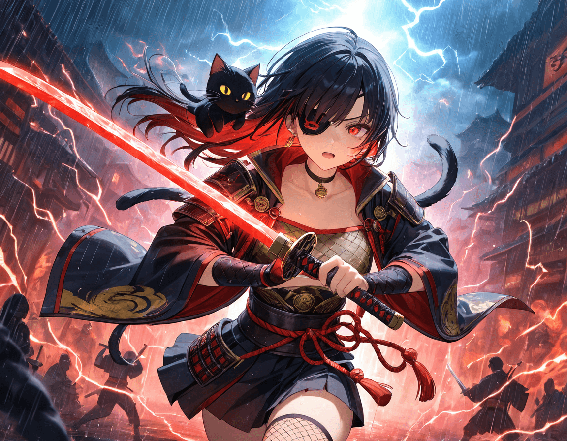 AI generated: Detailed face , detailed background , Black hair ,  Black cat on shoulder , Golden embossing on hilt...