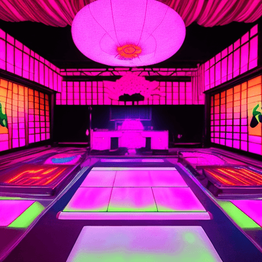 AI generated: A rave featuring techno music with the pink as the main illumination color, with japanese style deco...