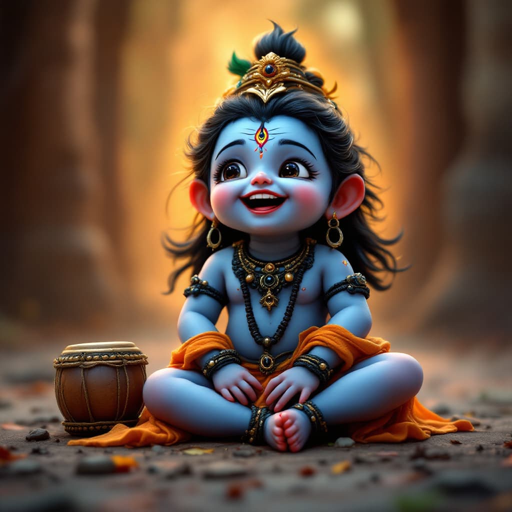AI generated: Happy image of a cute little Shiva sitting and laughing with cute real eye,in side with a trishula a...