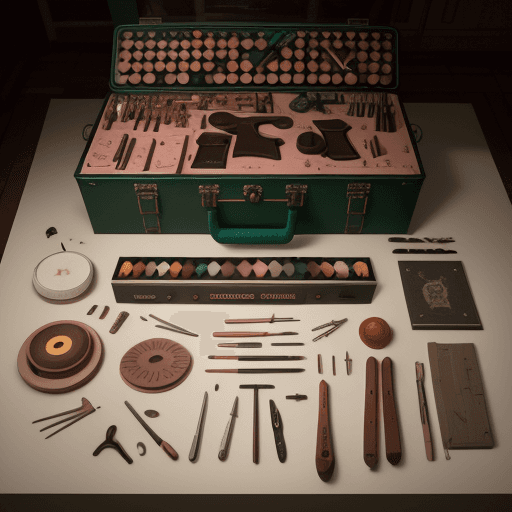 AI generated: perfect artists tools knolling :: Wes Anderson color palette, studio lighting, low contrast, 8k --q ...