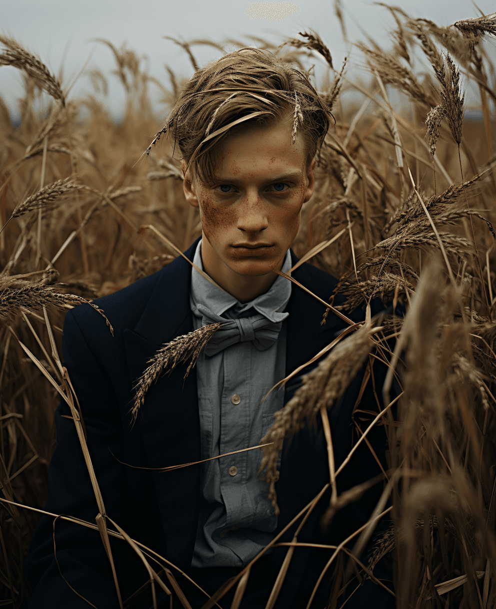 AI generated: a man stands with his head down in some tall grass, in the style of fashion photography, scottish la...