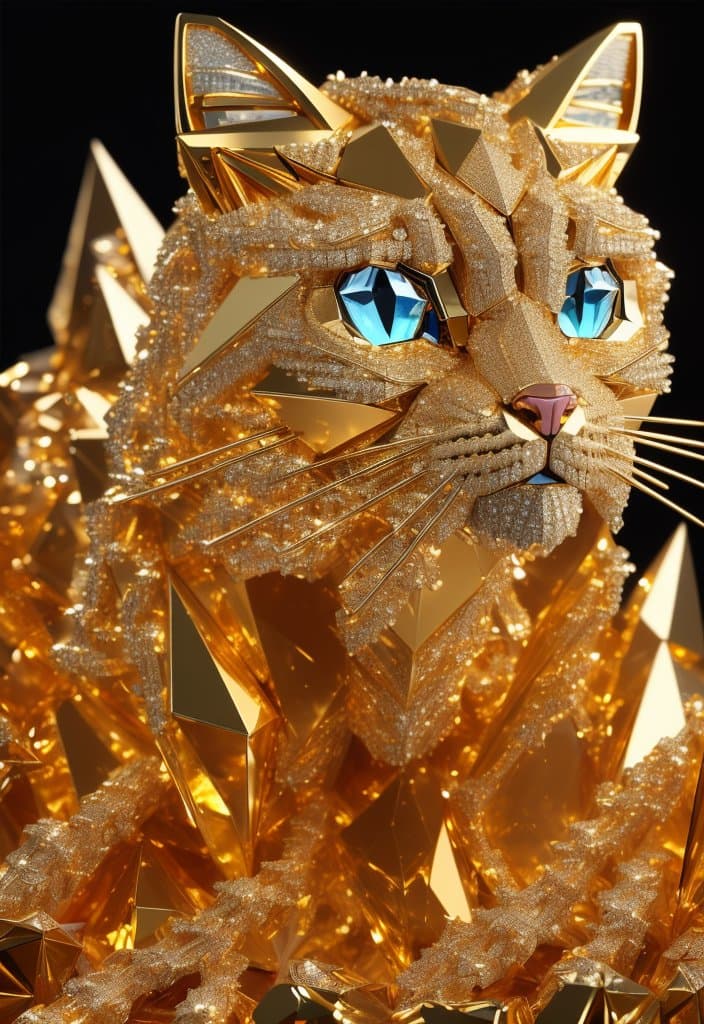 AI generated: a close up of a cat (made from a many gold cristal fragmrnts:1.2), (crystal cubism:1.2), a 3D render...