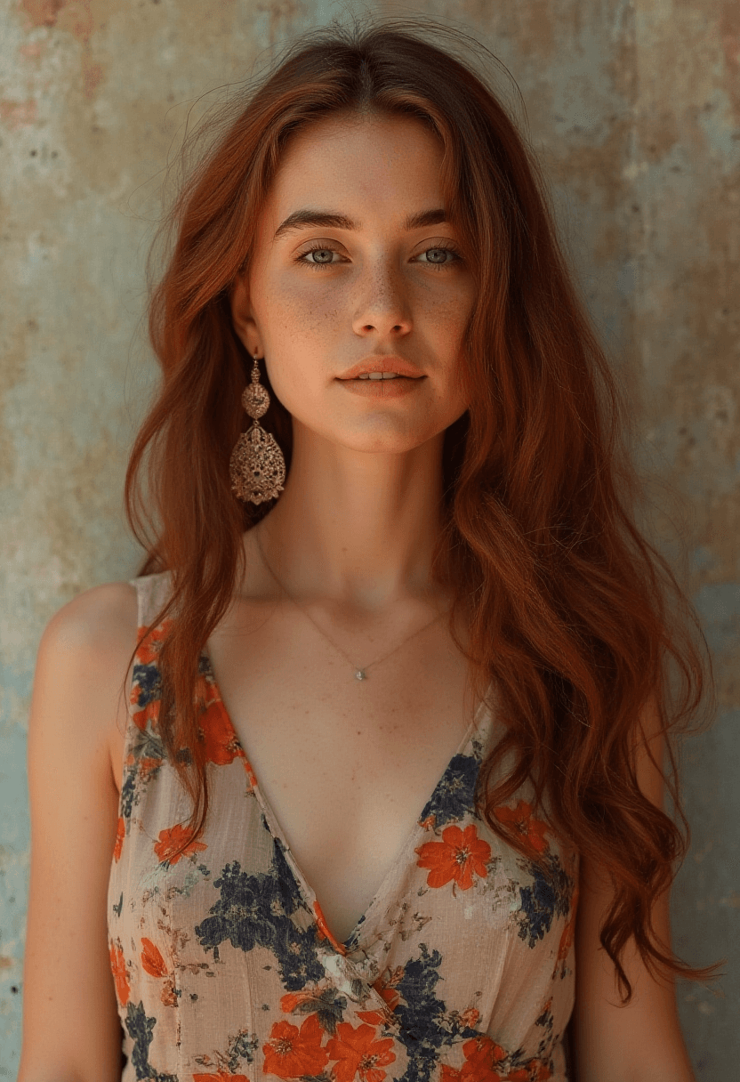 AI generated: A photorealistic close-up portrait of an adult woman with long, wavy auburn hair, captured with a 13...