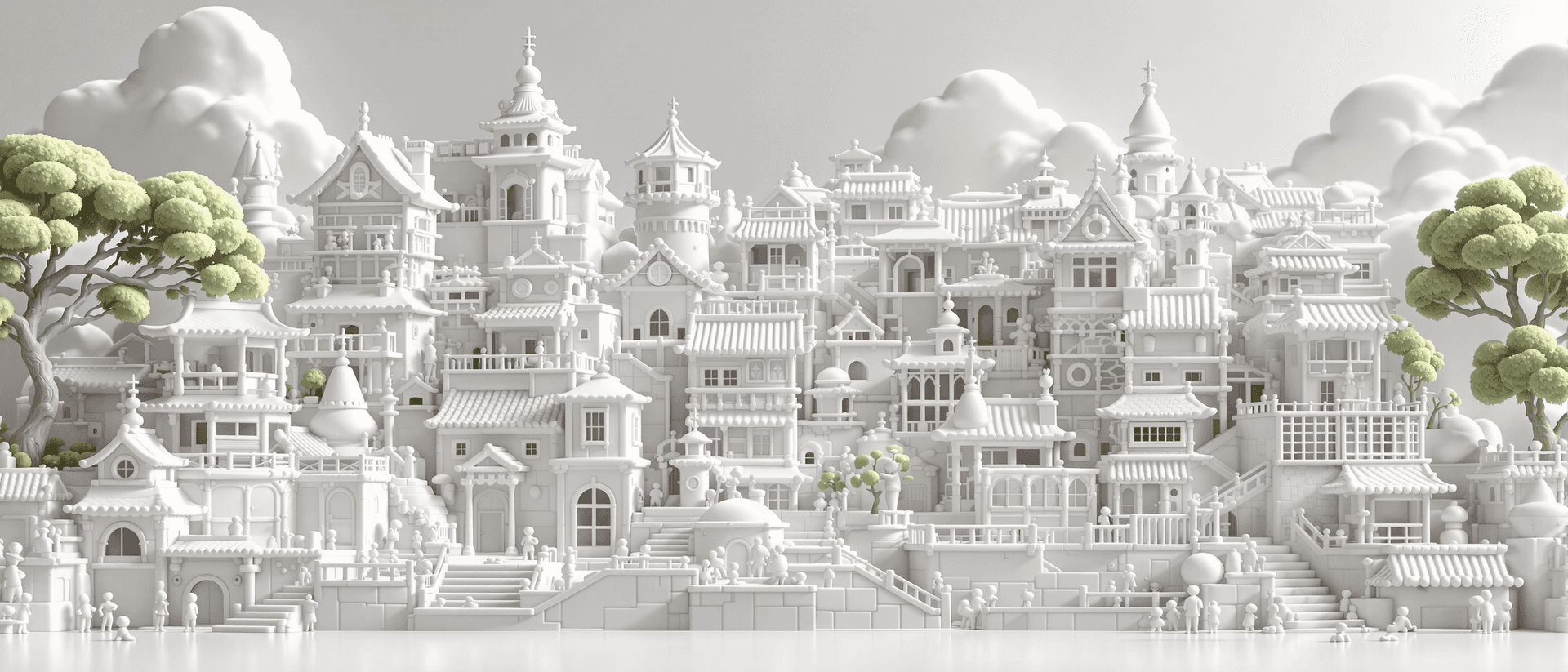 AI generated: intricate amazing japan village wall white clay sculpture, (3D cartoon style:1.3) . octane render, c...