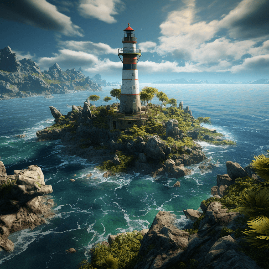 AI generated: a lighthouse sitting on a small island in the ocean, in the style of photorealistic fantasies, cryen...