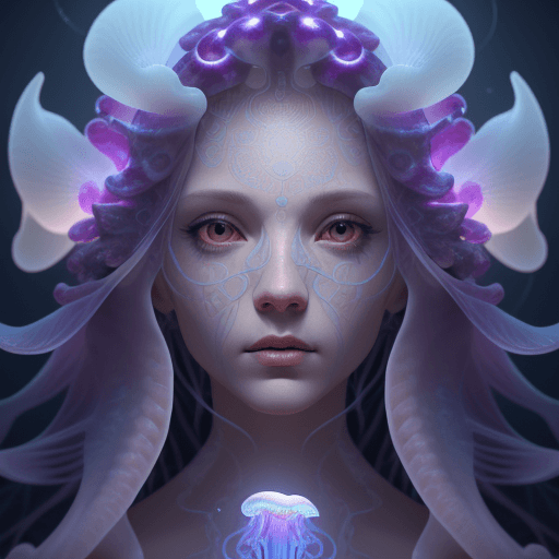 AI generated: Goddess close-up portrait ribcagel. jellyfish phoenix head, nautilus, orchid, skull, betta fish, bio...