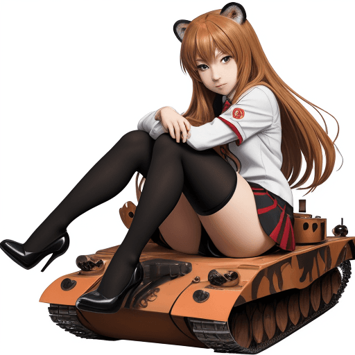 AI generated: masterpiece, taiga aisaka, smug, cute face, anime, anime face, sit on tank, hold, hug, red school un...