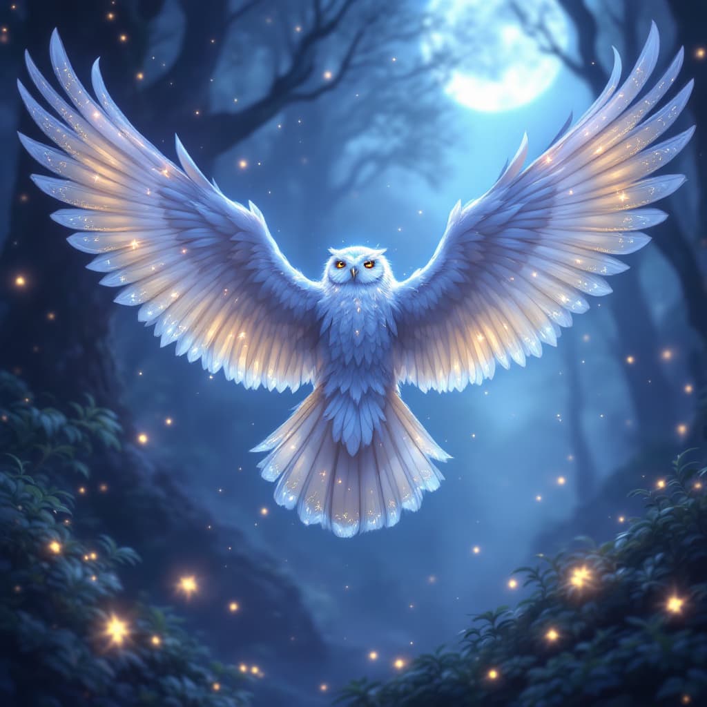 AI generated: an image of a majestic owl, Lyria, the Guardian of Starlight, flying through the air, viewed from be...