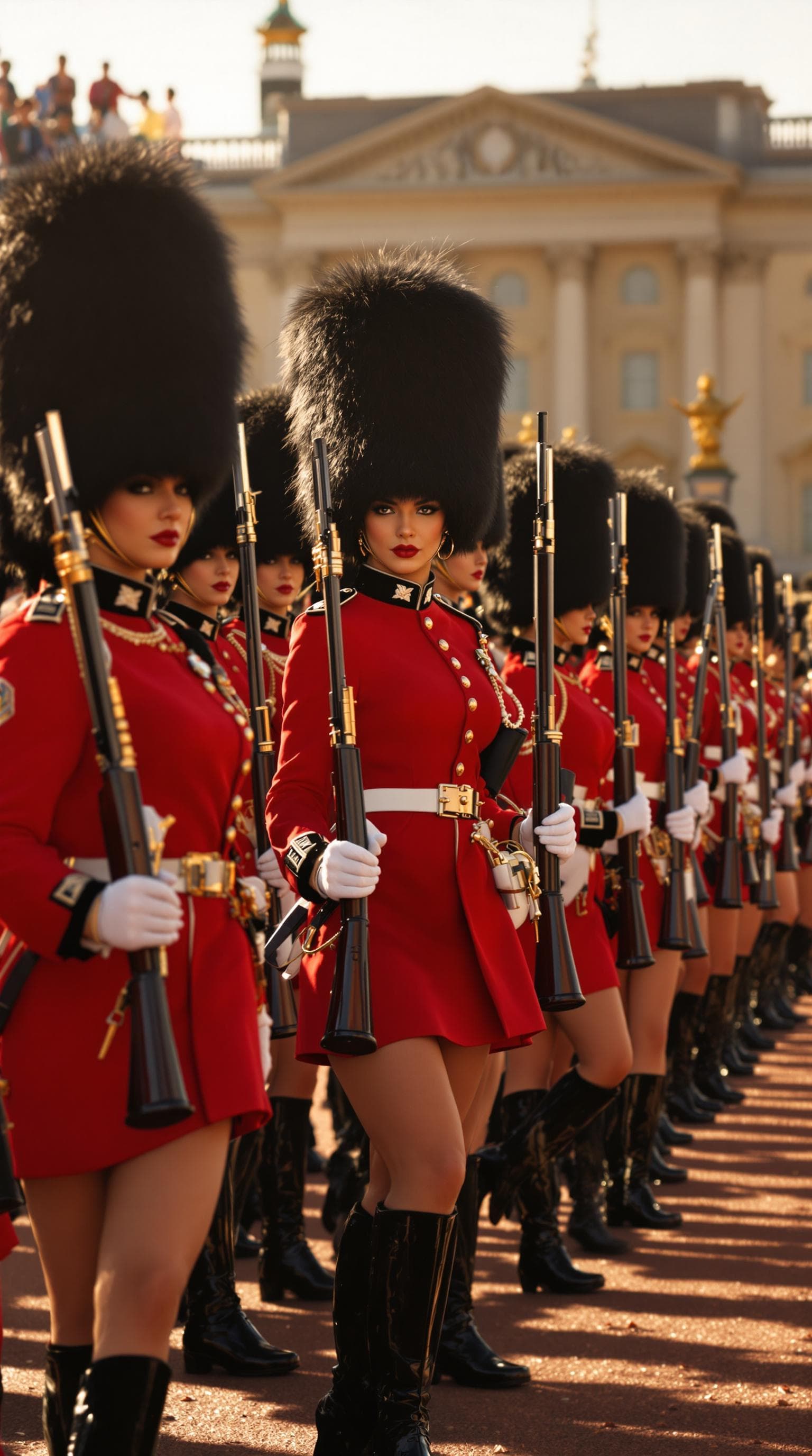 AI generated: A regiment of beautiful curvy British female soldiers in the iconic red and short black uniforms of ...