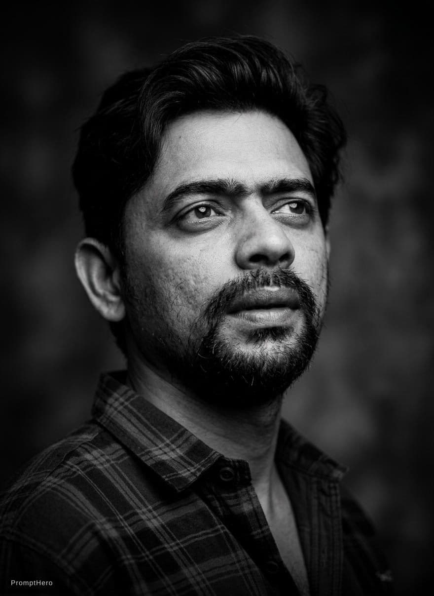 AI generated: Portrait of a man, cool hair, looking up and to the side. Black and white with strong chiaroscuro ac...