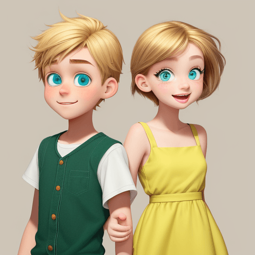 AI generated: Cartoon boy and girl in a Pixar style, The girl should have neck-length blonde hair, anf the boy has...
