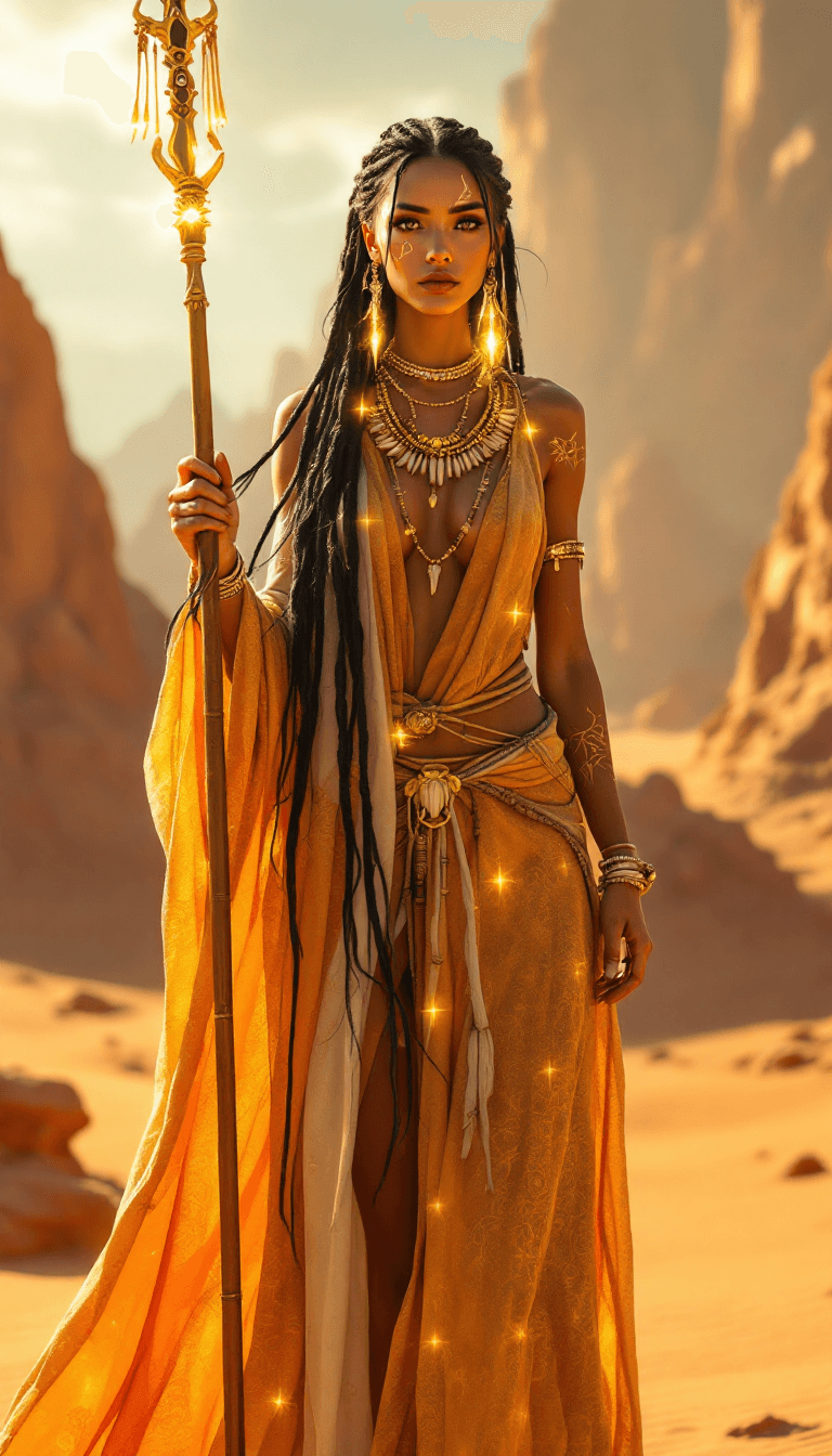 AI generated: An ultra-realistic, full-body portrait of a mesmerizing desert prophetess woman, radiating ancient w...