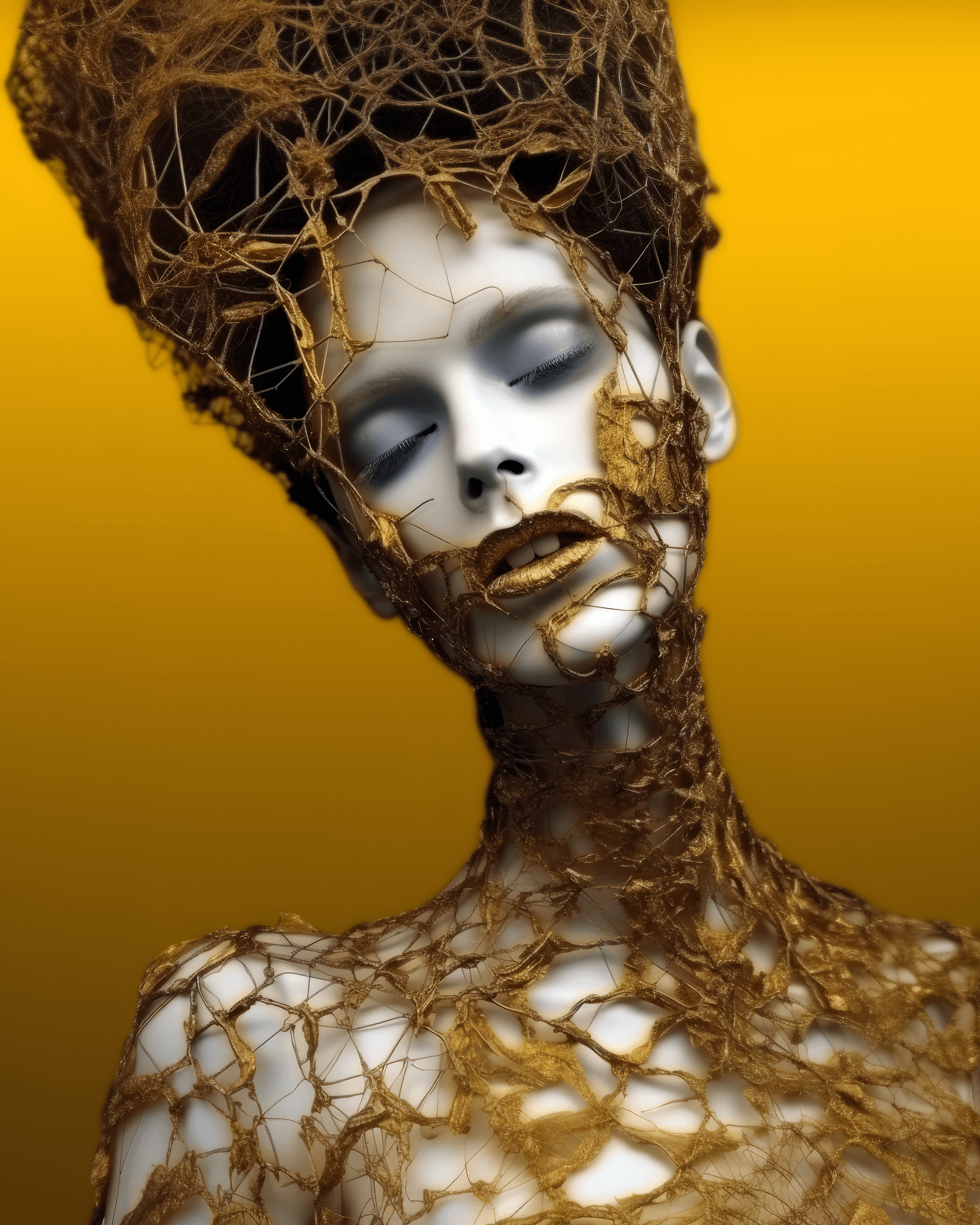 AI generated: a woman in a white shirt and golden lace neck, in the style of manipulated photography, made of wire...