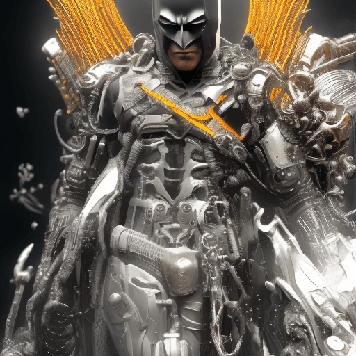 AI generated: octane render of cyberpunk batman by Tsutomu nihei, chrome silk with intricate ornate weaved golden ...