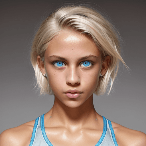 AI generated: big light blue eyes, short messy platinum blonde hair, tanned brown skin, stunning young woman, athl...