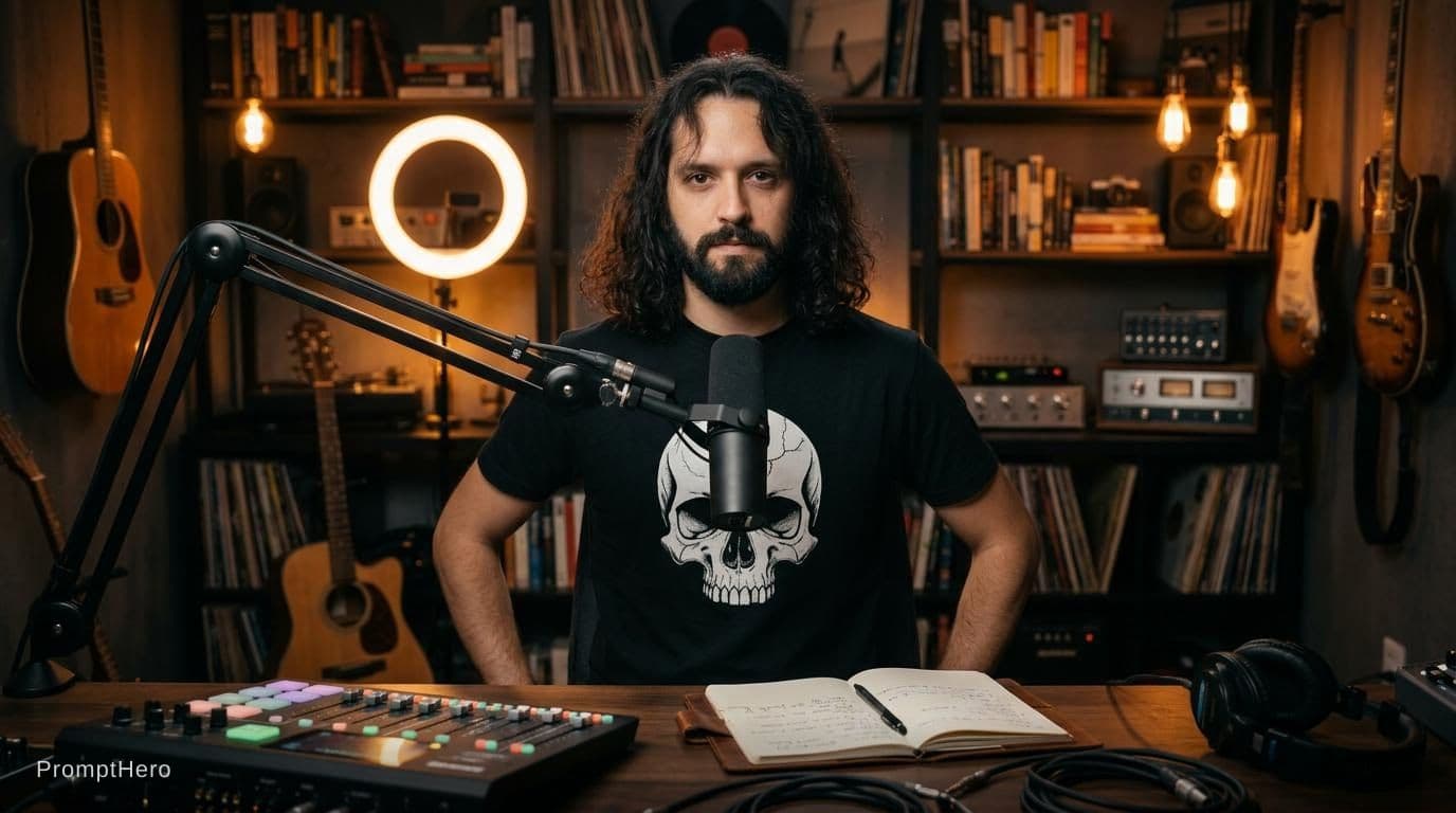 AI generated: There is only a man in a warm, cinematic podcast studio with only a professional boom-arm microphone...