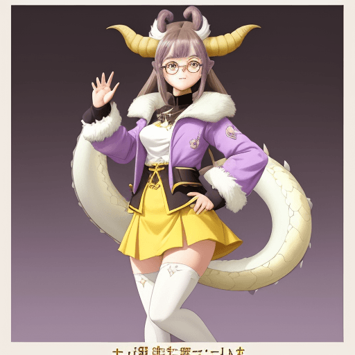 AI generated: Poster of a Numioka dragon girl, with small white horns, with a long white tail at the end of which ...