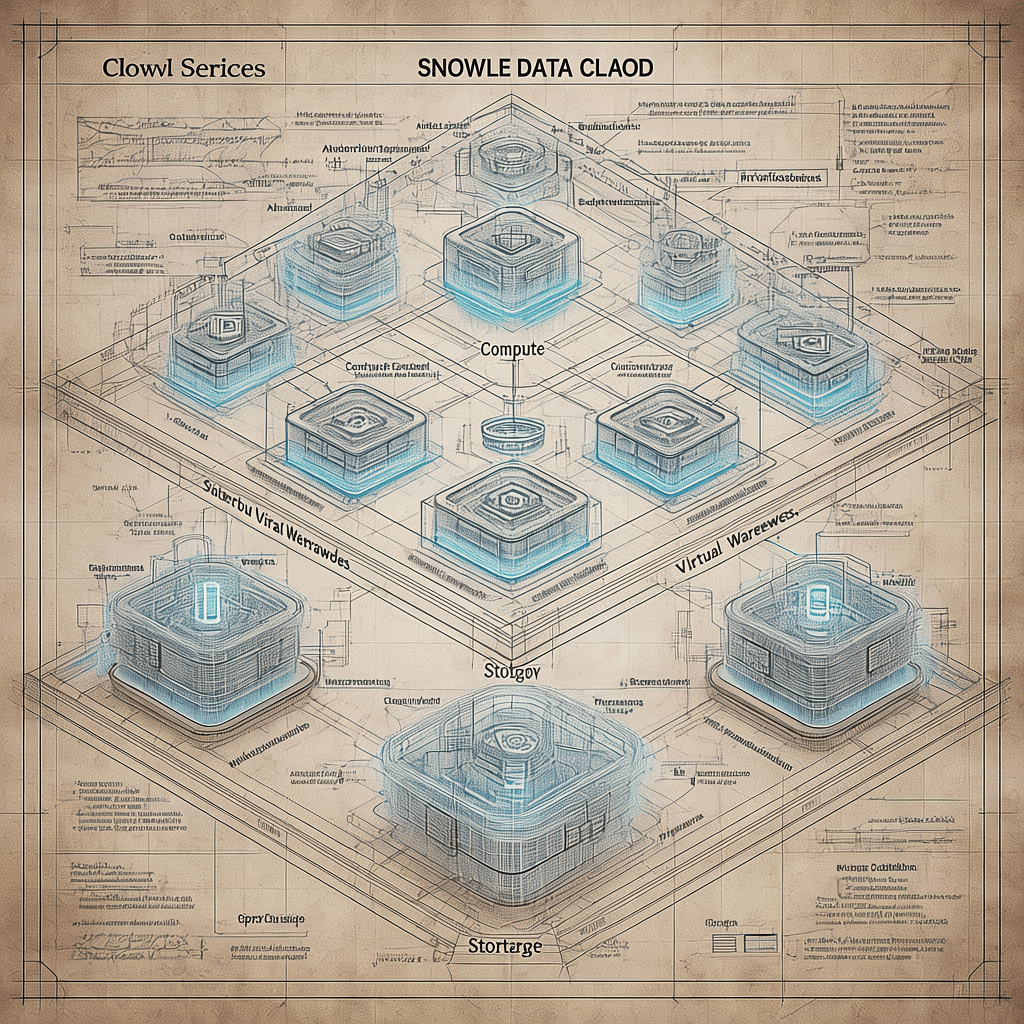 AI generated: A highly detailed digital architectural blueprint of Snowflake Data Cloud architecture, designed in ...