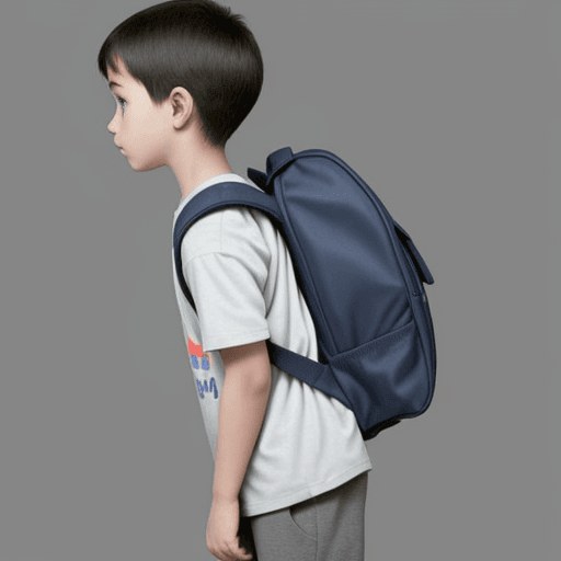 AI generated: a child carrying a backpack, leaning the torso forward to balance the weight and with curvature in t...