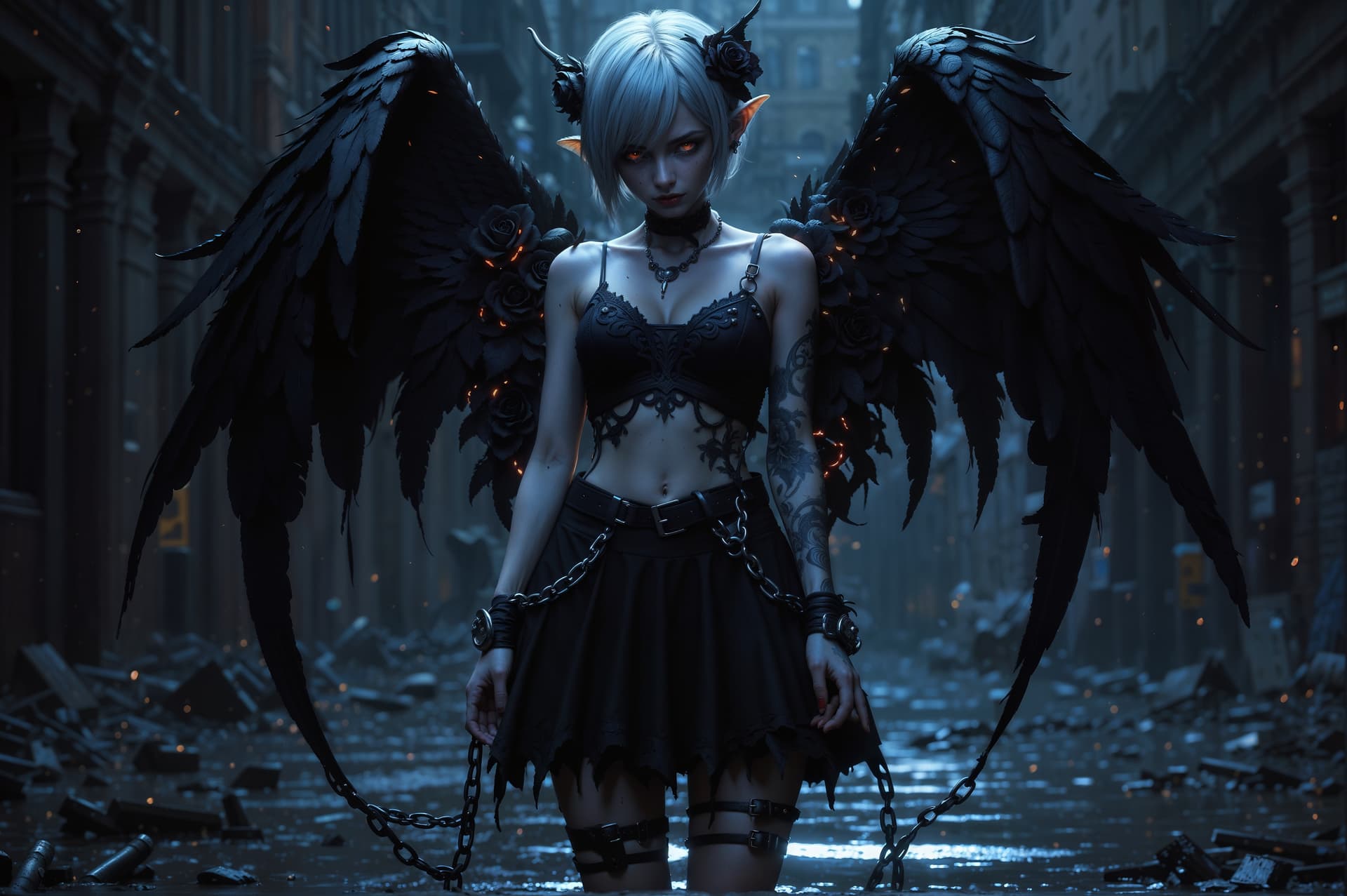 AI generated: a full body photo shot of a (gothic) punkrock, influenced by "Tinker Bell" with black gothic feather...