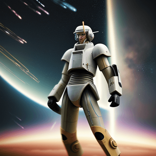 AI generated: Soft focus photography, giant pilot warrior, galactic battle, futurecore, --ar 9:16