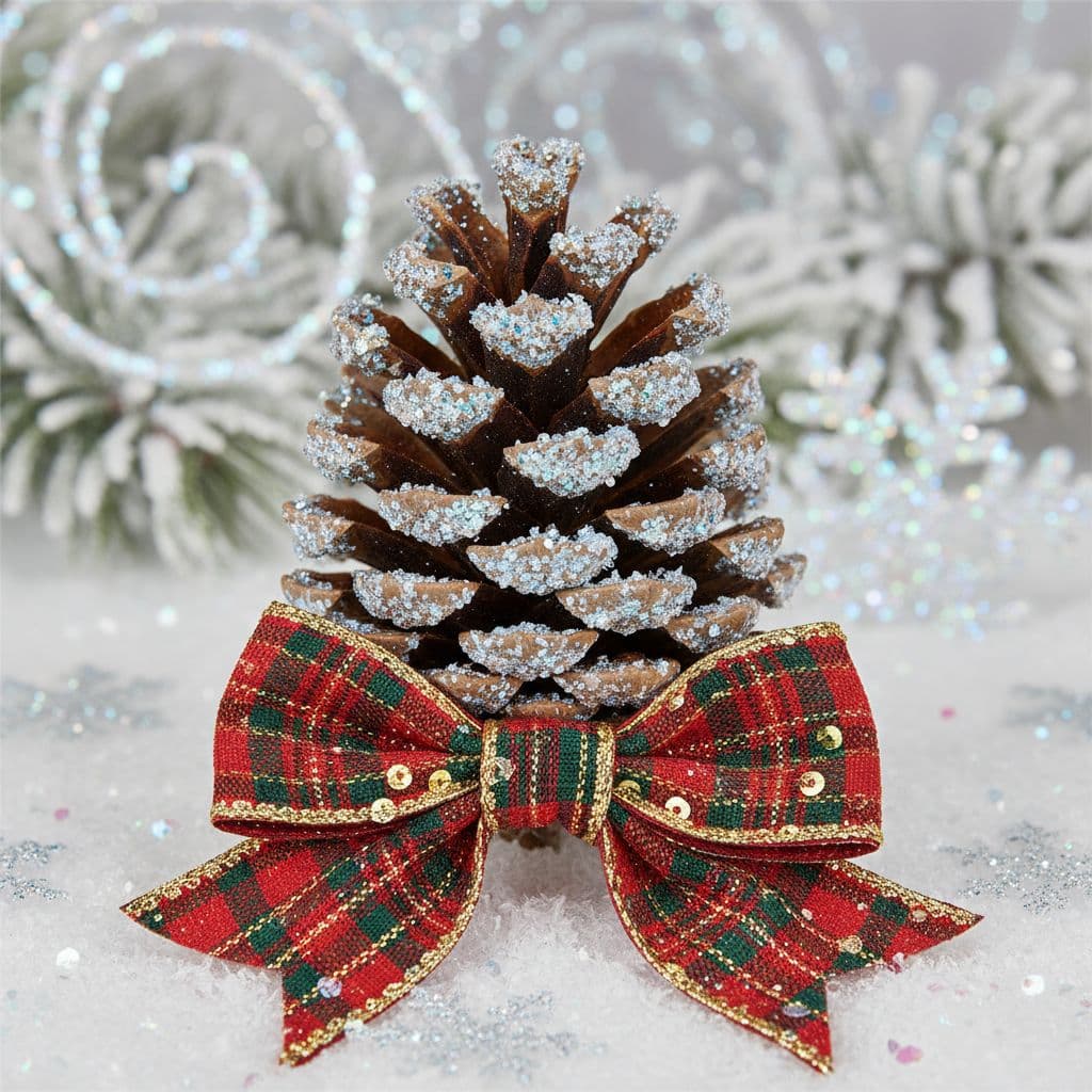 AI generated: Smooth snow-dusted pinecone with tartan bow, beveled glittery edges.
