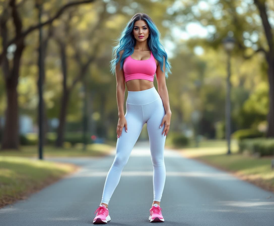 AI generated: Facing the camera, Full body Photograph of a gorgeous woman in a suburban park, slightly-wavy flowin...