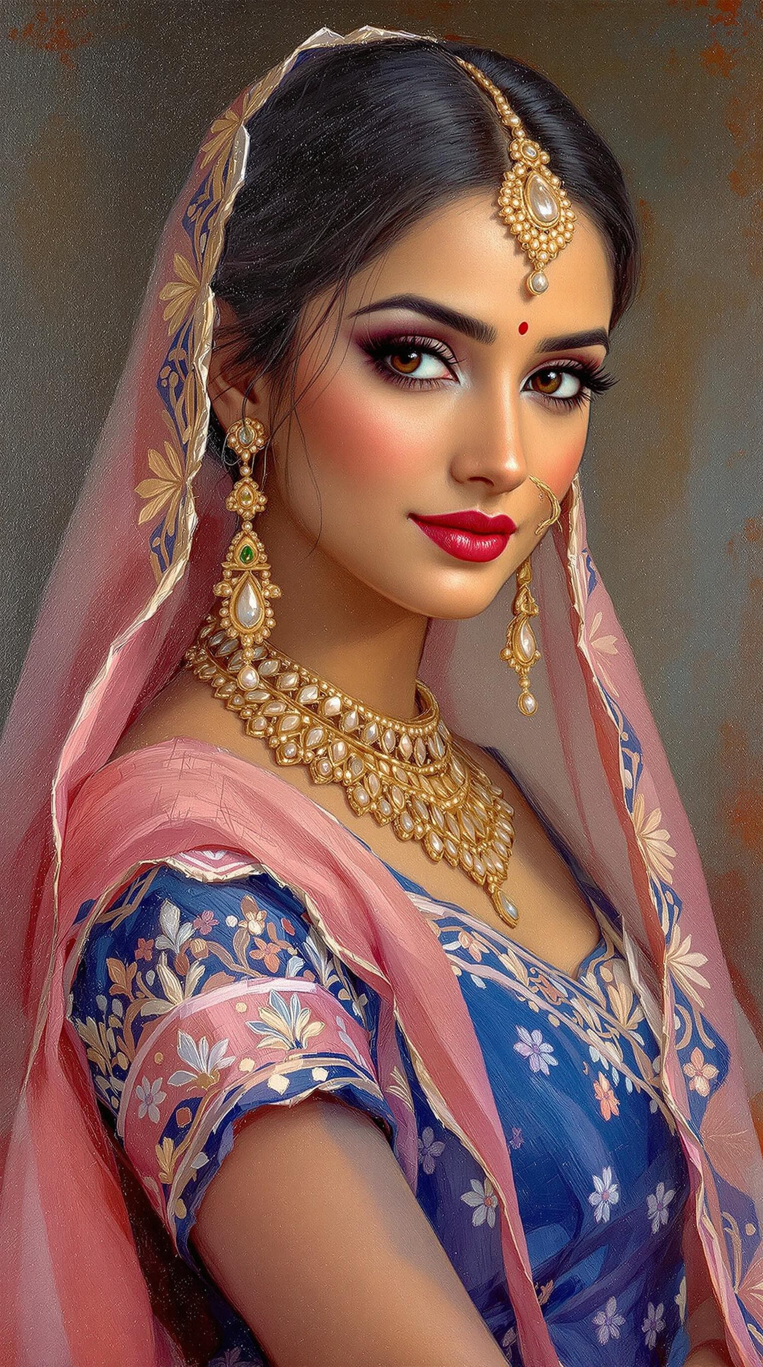 AI generated: A beautiful Indian woman in an elegant blue lehenga with pink sari, in the style of impressionist po...