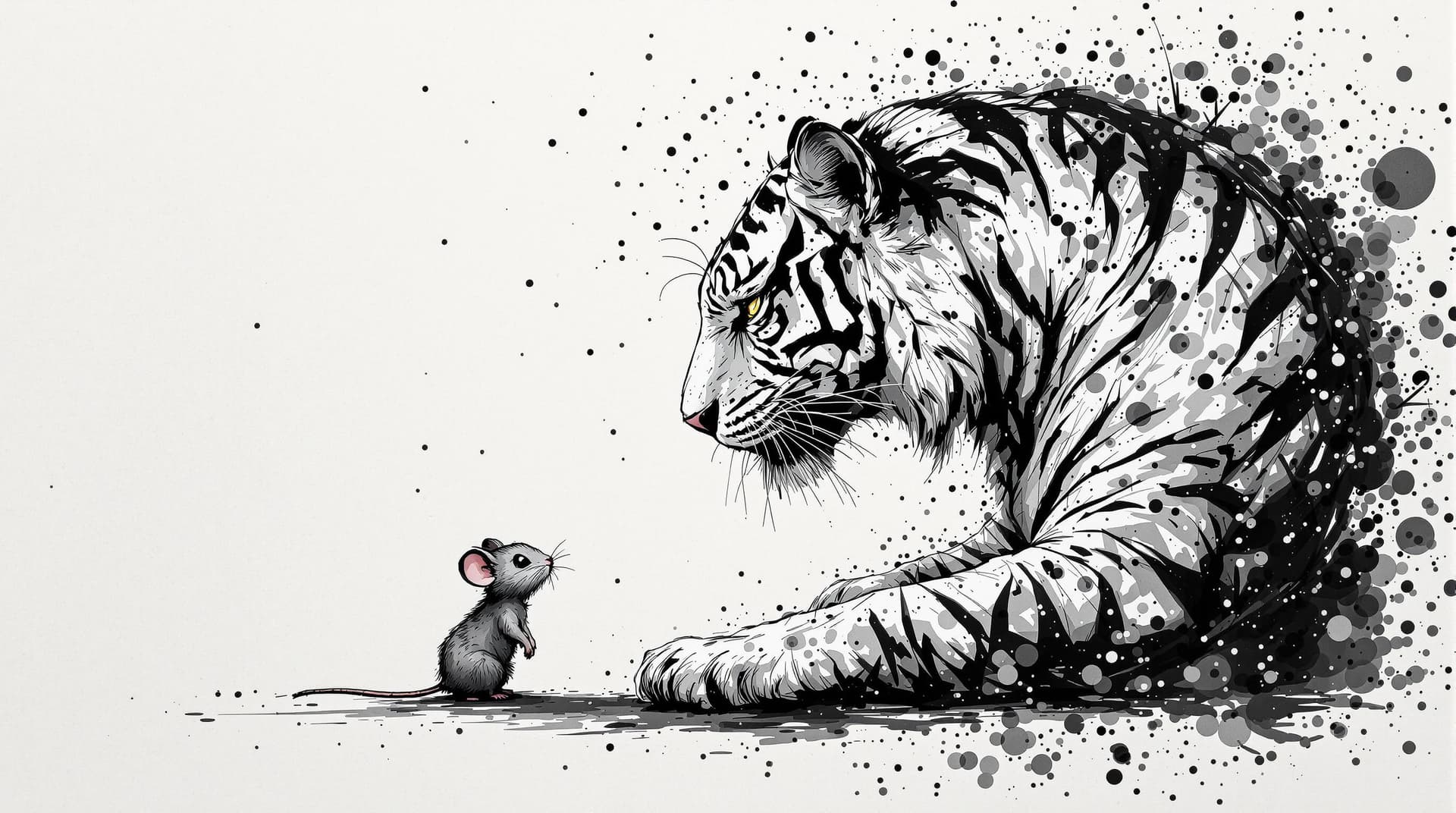 AI generated: a mouse standing around a tiger ,the tiger and the mouse are same sized,detailed,ink style,Ink splas...
