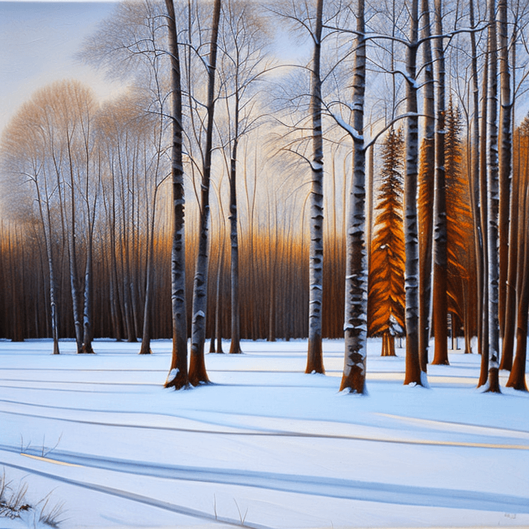 AI generated: a painting of some trees in the snow, an oil painting, shutterstock, american scene painting, birch ...