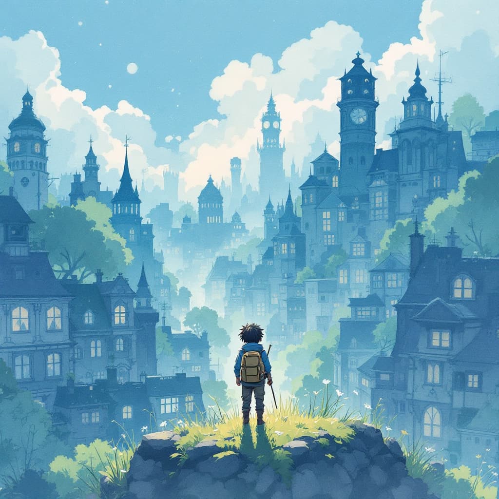 AI generated: the boy in the hunter x hunter in a meterious  city  in watercolor-like style reminiscent of Studio ...