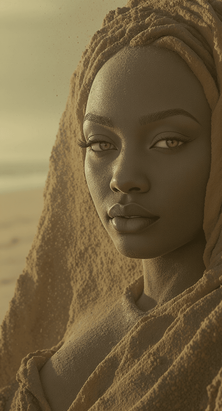 AI generated: sand art. Sand sculpture of Person Embossed in sand. Ashen face.