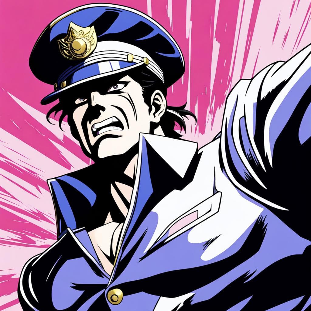 AI generated: Jotaro Kujo from JoJo's Bizarre Adventure, shouting in a heroic pose, enraged, dynamic background, m...
