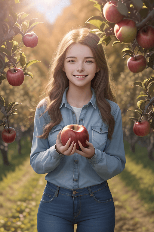 AI generated: photograph of a happy 18 year old woman picking apples in an apple orchard, wearing jeans and long s...