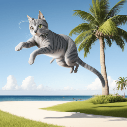 AI generated: Drawing of a grey cat jumping sideways to the right on an island with grass and a palm tree on the r...