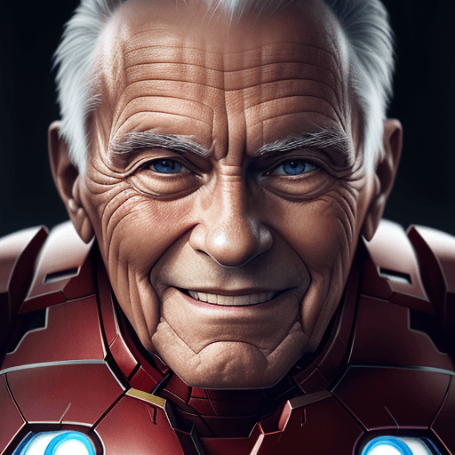 AI generated: photograph close up portrait 85-year-old Iron man, clean shaven, kindly smiling at camera, stoic cin...