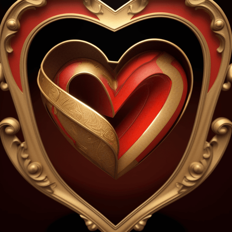 AI generated: 3d heart, gold red, intarsia,  photographic cinematic