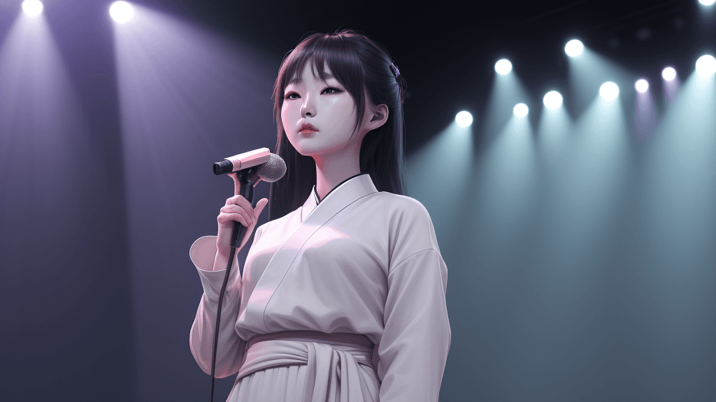AI generated: A Korean woman is performing on stage under soft, ambient lighting, captured from the waist up. She ...