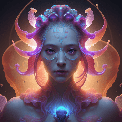 AI generated: Goddess close-up portrait ribcagel. jellyfish phoenix head, nautilus, orchid, skull, betta fish, bio...