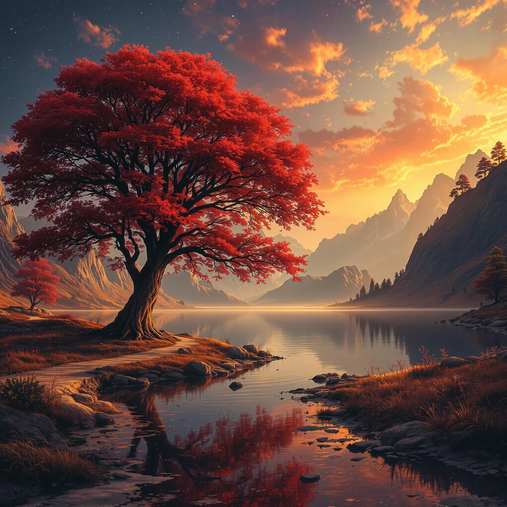 AI generated: Another World in a far distance galaxy.a serene landscape with a large red tree standing by a calm l...