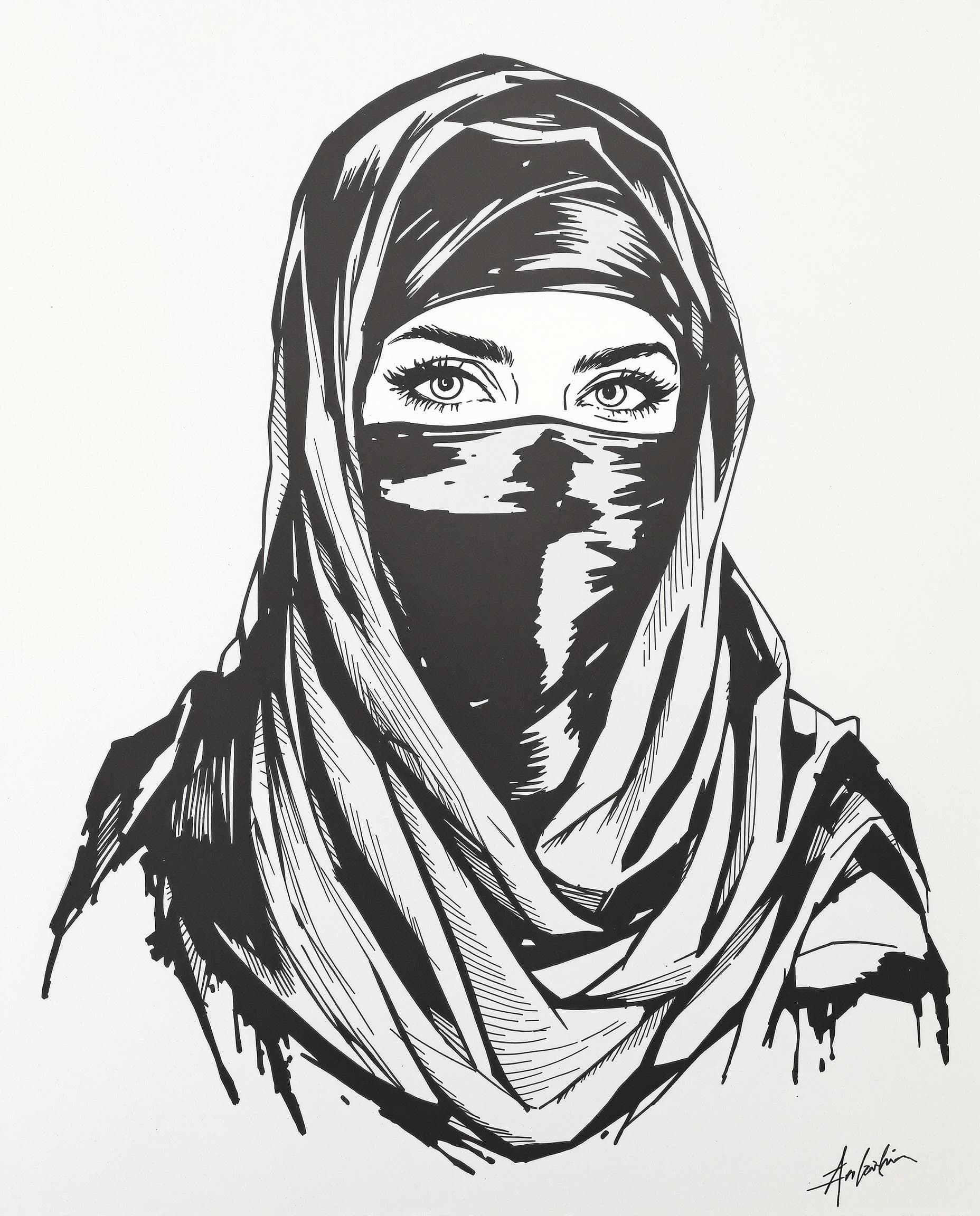 AI generated: ink drawing, wearing a black hijab with the covering face like a Arabian woman in black clothes