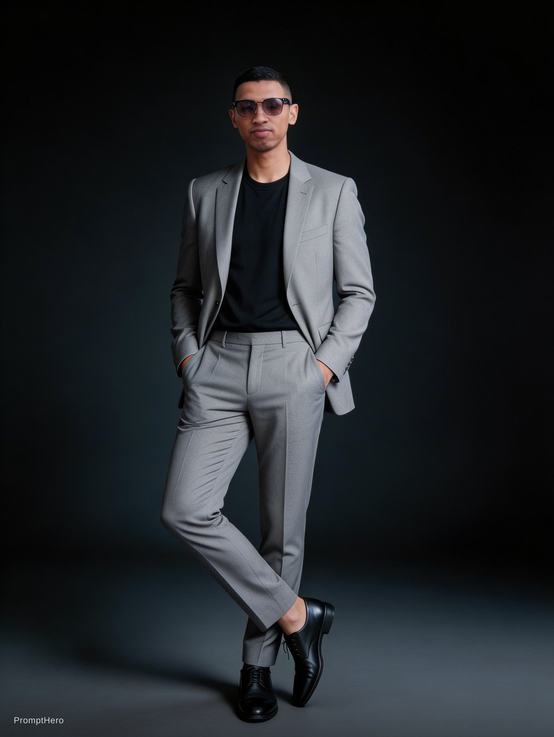 AI generated: "A stylish young man wearing a modern slim-fit grey suit with a black t-shirt inside, standing confi...