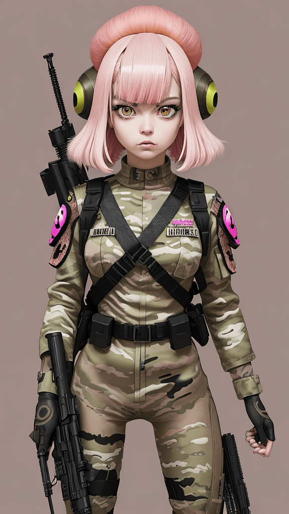 AI generated: in a funky army background portrait of little mushroom woman, pink hair, wearing army attire, holdin...