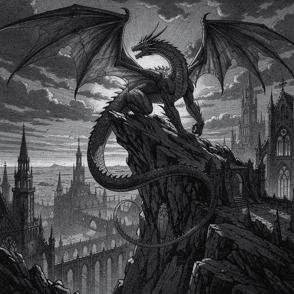 AI generated: A colossal dragon perched on a jagged mountain peak in the style of dark fantasy etchings and ink il...
